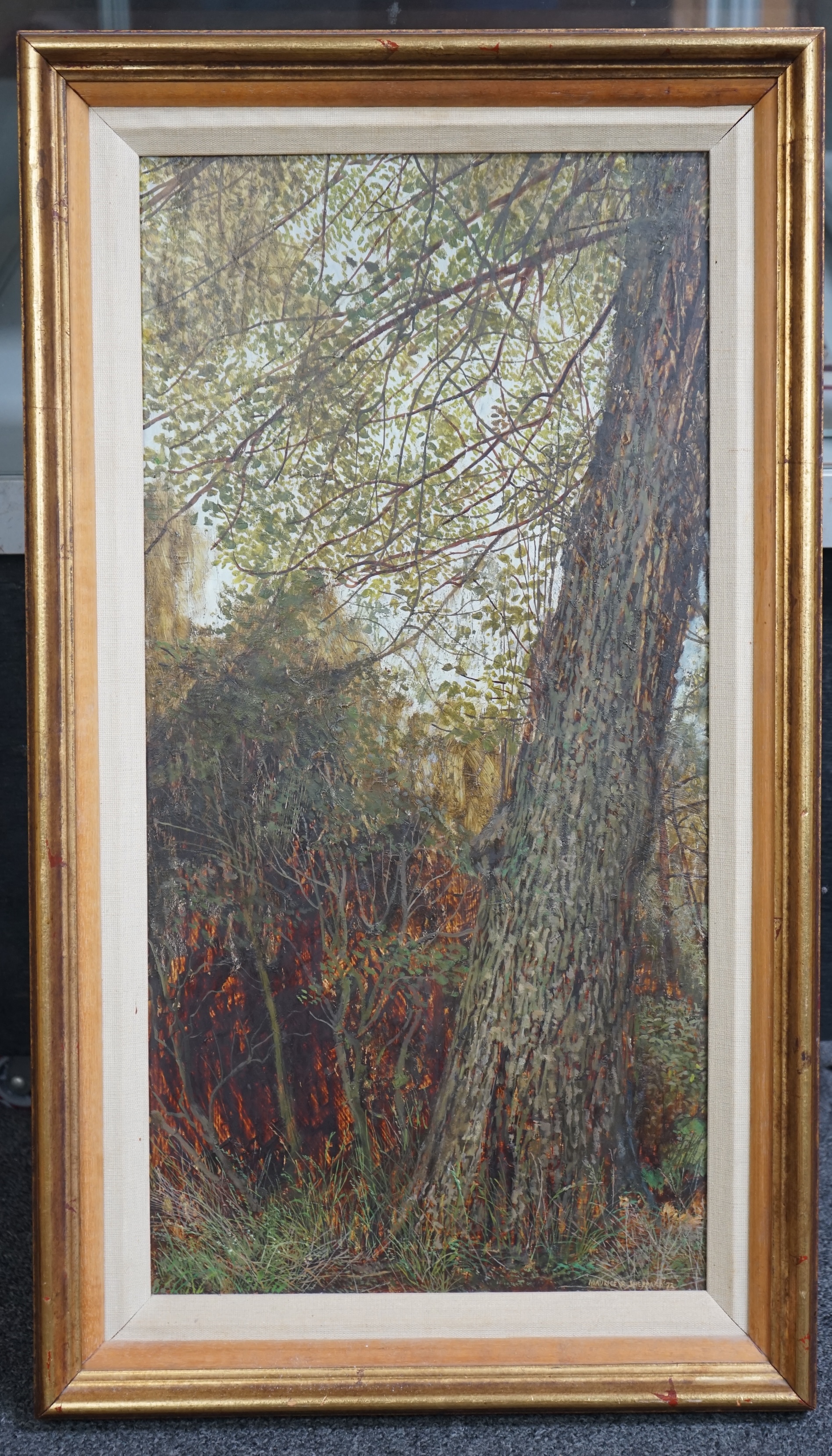 Maurice Sheppard (b.1947), oil on board, 'Landscape study, Memory of Giorgione', signed, 59 x 28cm. Condition - good